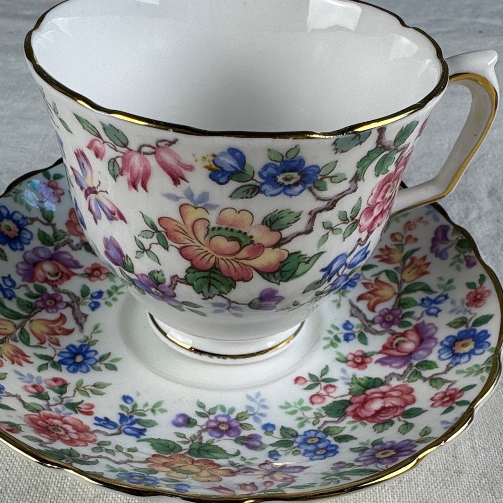 Crown Staffordshire Springtime Pattern Floral Bone China Teacup and Saucer Set - Picture 2 of 10
